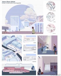 an image of people walking around in a building with many different architectural styles and colors