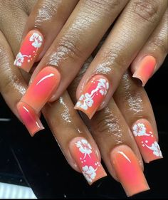 Hawaiian Flower Nails, Hawaiian Nails, Hawaii Nails, Pink Flower Nails, Tropical Nails, Airbrush Nails, Summery Nails, Girly Acrylic Nails