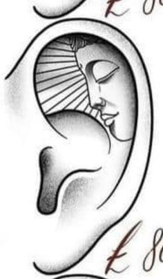 a drawing of a ear with an image of a buddha in the middle and words below it