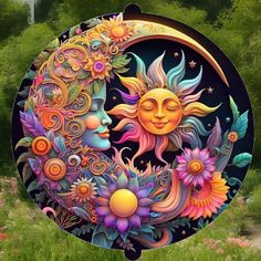 the sun and moon are surrounded by flowers