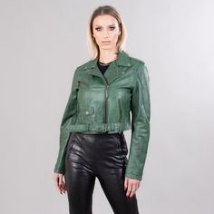 Short leather jacket in green color.  This short jacket has zipped exterior side pockets, a collar, a belt, and a zipper closure.  The garment will stand out with its unique pattern and warmth.  The jacket manufactures in our company in Greece with high-quality lambskin. Leather: Lamb Color: Green Length: 45-50 cm (17,7-19,6 in) Collar: Yes Exterior pockets: Yes Belt: Yes Lining: 100% Polyester Care: Specialist clean Casual Green Leather Jacket For Winter, Casual Green Fitted Leather Jacket, Green Long Sleeve Leather Jacket Casual Style, Casual Green Biker Jacket For Winter, Casual Green Winter Biker Jacket, Casual Green Long Sleeve Leather Jacket, Winter Green Biker Jacket With Zipper Closure, Green Winter Biker Jacket With Zipper Closure, Green Leather Jacket For Work With Long Sleeves