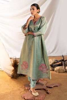 Green kurta in handloom cotton zari tissue base with zari thread embroidery in Suzani motifs on placket. Paired with slip and gold sequin border embroidered pant. - Aza Fashions Suzani Motifs, Green Anarkali, Embroidered Pants, White Tree, Cotton Embroidery, Thread Embroidery, Fashion App, Suit Designs, Gold Sequin