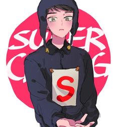 an anime character holding a sign with the letter s on it's chest and wearing a hoodie