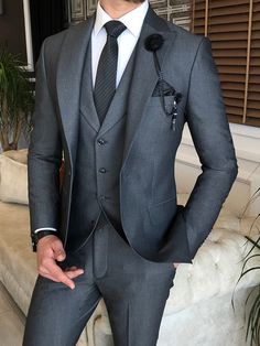 Bojoni Grey Slim-Fit Suit 3-Piece | BOJONI Men Vest Outfits, 3 Piece Suit Men, Grey 3 Piece Suit, Grey Slim Fit Suit, Suit For Men Wedding, Best Wedding Suits, Groom Suit Grey, Grey Suit Wedding