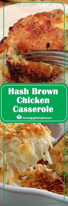 hash browns chicken casserole is shown with a fork