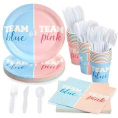 pink and blue party supplies including paper plates, napkins and forks