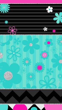 an image of colorful flowers and stripes on a wallpaper background with pink, blue, black, and green colors