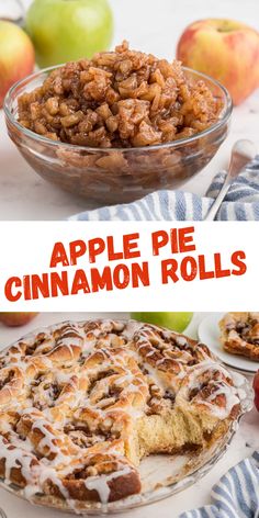 an apple pie with cinnamon rolls and apples in the background, on a plate next to another pie