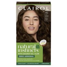 Clairol Natural Instincts Demi-Permanent Hair Color Creme, 4G Dark Golden Brown, 1 Application, Hair Dye. Discover your natural way to shine! Clairol Natural Instincts gives you a rush of radiant, natural-looking color you can feel good about. Say "yes" to gentle ingredients like coconut oil and aloe vera and say "no" to ammonia and added parabens. Our no-drip Creme formula is designed to feel more like a conditioner, and it's gentle on all hair types and textures. Treat yourself to color that b Golden Brown Hair Dye, Dark Golden Brown Hair, Clairol Natural, Clairol Natural Instincts, Golden Brown Hair, Demi Permanent, Brunette Blonde, Brown Hair Dye, Permanent Hair Color