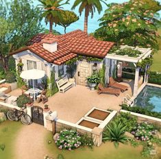 an artist's rendering of a house in the middle of a tropical area with trees and flowers