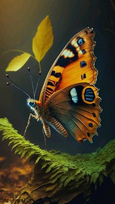 an orange and black butterfly sitting on top of a green leaf covered plant with yellow leaves