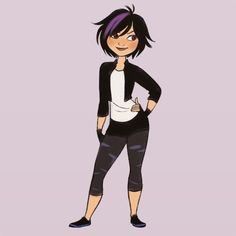 a cartoon girl with purple hair and black pants