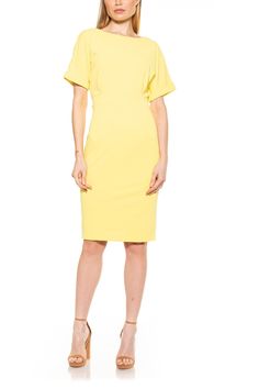 Stylish and sleek, this midi length dress features dolman sleeves and a chic V-back cut.Fit: this style fits true to size. Elegant Stretch Yellow Midi Dress, Elegant Yellow Stretch Midi Dress, Elegant Yellow Stretch Mini Dress, Elegant Yellow Stretch Bodycon Dress, Yellow Stretch Elegant Bodycon Dress, Formal Summer Dress With Side Zipper, Elegant Gold Dress For Workwear, Elegant Midi-length Mini Dress With Side Zipper, Elegant Midi Mini Dress With Side Zipper