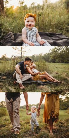 two adults and one baby are sitting in the grass with their hands on each other