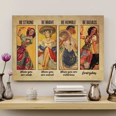 three different types of women on a wall above a shelf with vases and flowers