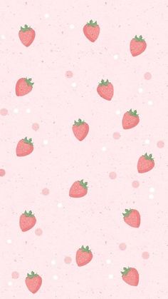 a pink wallpaper with strawberries on it and polka dots around the bottom half