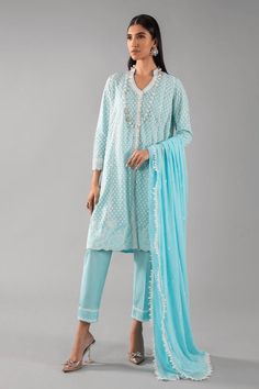 Sana Safinaz Ss23Cpl413 Rangreza Elegant Turquoise Set With Dupatta, Elegant Lace Work Sets For Summer, Blue Chikankari Embroidery Sets For Spring, Elegant Light Blue Unstitched Sets, Blue Summer Set With Dupatta, Blue Summer Sets With Dupatta, Festive Blue Lace Work Sets, Fitted Lace Work Sets For Summer, Summer Lace Work Fitted Sets