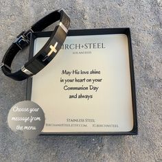 This bracelet is the perfect gift for that special someone's Communion or Confirmation. Choose the wrist size of the person and your message of choice and leave the rest to us! Your gift will arrive in a Birch+Steel logo box with the ribbon as pictured. You can choose to ship it directly to the gift recipient as well. We will be sure to include a handwritten note. A true statement piece, this premium genuine leather and stainless steel bracelet offers a comfortable wear. The lightweight feel wil Confirmation Sponsor Gifts, Confirmation Gifts For Boys, Catholic Confirmation Gifts, Catholic Confirmation, Steel Logo, Cheer Someone Up, First Communion Gifts, Communion Gifts, Gift For Boys