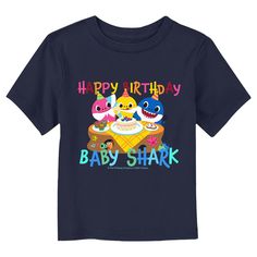 Join parents and kids alike for the viral children's chant that originated as a campfire song with officially licensed apparel for the whole family from the popular YouTube song, Baby Shark! This Toddlers' Baby Shark Happy Birthday Shark T-Shirt features a graphic of Mommy, and Daddy celebrating Baby with the text: "Happy Birthday Baby Shark," across the front. Grab some new Baby Shark apparel today and sing along to all your favorite songs in style! Blue Short Sleeve T-shirt For First Birthday, Blue Graphic Print T-shirt For First Birthday, Funny Blue T-shirt For Birthday, Blue Crew Neck T-shirt For First Birthday, Novelty Cartoon Print T-shirt For Birthday, Shark Apparel, Shark Happy Birthday, Campfire Song, Campfire Songs