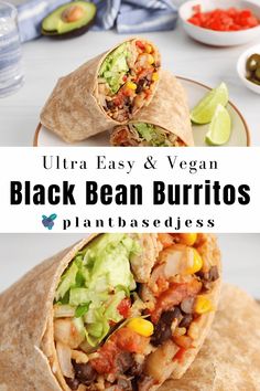 black bean burritos with avocado and salsa on the side