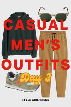 casual men's outfit featuring a green hoodie, tan joggers, sunglasses, and New Balance sneakers. text on-screen casual men's outfits day 3 (style girlfriend)