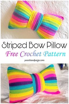 two crocheted bow ties with the text, striped bow pillow free crochet pattern