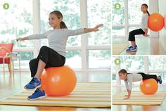 Exercises Challenge, Ball Workouts, Ball Workout, Bouncing Ball, Bouncy Ball, Gross Motor Activities, Kids Moves, Exercise Ball