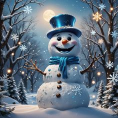 a snowman with a top hat and blue scarf standing in the middle of a snowy forest