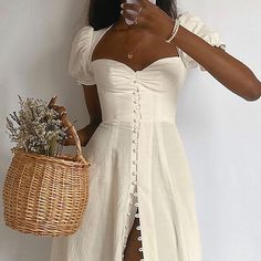 Women'S Solid Color Short-Sleeved Split Princess Dress sold by shiook on Storenvy Cottagecore Fashion Dresses, Summer Dress Trends, Dresses Aesthetic, Cottagecore Fashion, Summer Dresses For Wedding Guest, Gathered Dress, Prom Dresses For Teens, Puff Sleeve Dresses, Summer Party Dress