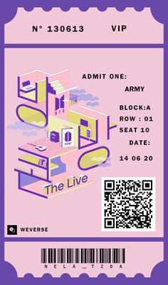 a ticket for the live concert with an image of a house and bar on it