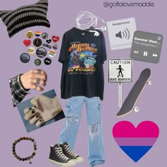 One of many versions of bisexual aesthetics! How To Dress Like A Bisexual Girl, Bisexual Girl Aesthetic, Lgbtq Moodboard, Bi Girl Outfit, Bi Girl Aesthetic Outfit, Bi Aesthetic Outfits, Bisexual Aesthetic Outfit