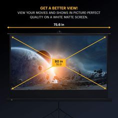 an advertisement for the new projector screen that is being used to watch movies and shows in pictures perfect quality on a white matte screen