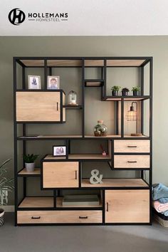 the shelves are made out of wood and have drawers on each side, along with other items