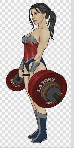 a drawing of a woman holding a barbell in one hand and a weight plate in the other