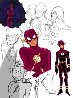 some sketches of the flash and other characters in various poses, with one man standing next to another