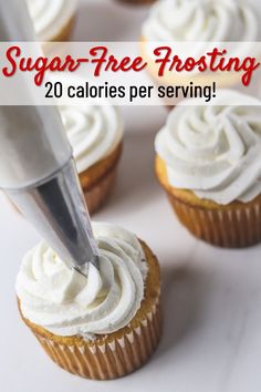 cupcakes with icing being frosted and the words sugar - free frosting 20 calories per serving