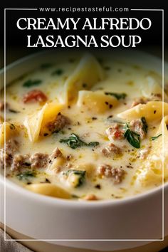 creamy alfredo lasagna soup in a white bowl