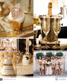 the collage shows champagne, cake and other wedding decorations in shades of gold and white