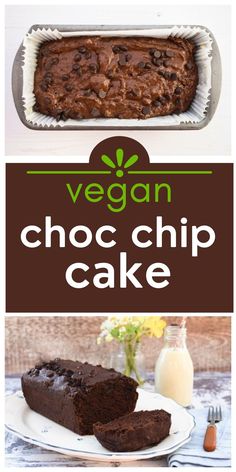 vegan chocolate chip cake on a white plate with the words vegan above it