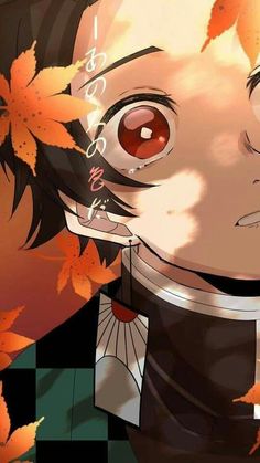 an anime character with red eyes surrounded by leaves