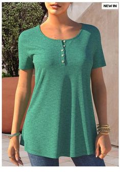 ROTITA Turquoise Button Detail Short Sleeve T Shirt Clothes Plus Size, Plus Size Tankini, Plus Size Clothes, Plus Size T Shirt, Blue Jumpsuits, Swimwear Bottoms, Black And White Tops, Swimsuit Dress, Tankini Set