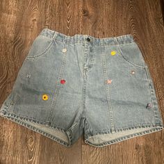 Brand New Teddy Fresh Denim Shorts With Appliqus And Embroidery Patch Pockets 100% Cotton Back Elastic For Extra Comfy. Good For Tummy Control Casual Cotton Bottoms With Floral Embroidery, Short Denim Blue Cotton Skirt, Casual Light Wash Short Denim Skirt, Short Denim Skirt For Spring, Cute Denim Blue Denim Bottoms, Cute Denim Blue Bottoms, Cute Denim Bottoms For Summer, Cute Summer Denim Bottoms, Cute High Waist Denim Bottoms