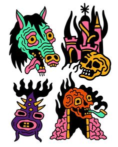 four different colored tattoos with skulls and monsters on them, all in different shapes and sizes