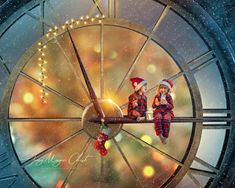 two children are sitting on a clock with christmas lights in the background and one child is holding a cup