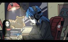 a woman with blue hair wearing headphones sitting in front of a laptop computer next to a cat