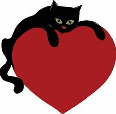 a black cat sitting on top of a red heart