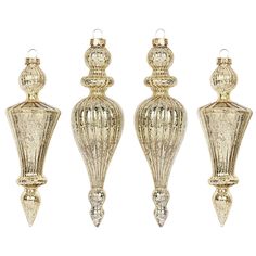 three golden glass vases are lined up against a white background and one is empty