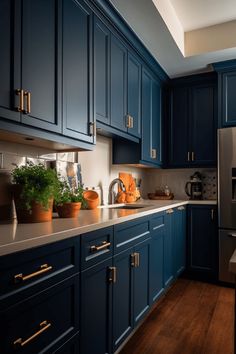 a kitchen with blue cabinets and wood flooring is pictured in this image, there are plants on the counter