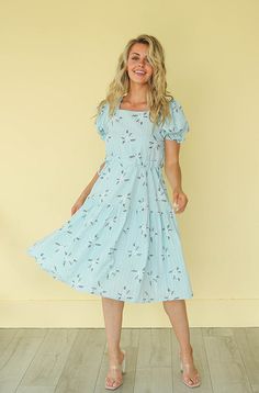 Ellis Blue Floral Midi Dress - DM Exclusive - Restocked Fitted Waist Midi Dress For Garden Party, Fitted Midi Dress With Tie Waist For Casual Wear, Blue A-line Midi Dress With Pleated Waist, Day Out Midi Dress With Pleated Waist, Spring Dresses With Fitted Waist, Midi Dress With Pleated Waist For Day Out, Modest Light Blue Summer Dress, Flattering Spring Dress With Fitted Waist, Blue Modest Dress For Garden Party