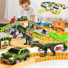 239 pieces dinosaur road. Creat a dinosaur themed race track. A good interaction toys for your boys and girls. Exercise hand-eye coordination and color perception. The dinasour cars toy train set including 200 Track pieces, 8 cool dinosaurs, 2 race car toys requires 1x"AA" battery (NOT INCLUDED), 8 traffic signs, 1 door , 2 trees, and a bridge. Watch the light-emitting dinosaur car running smoothly around the track that you created,safe through the cage and the dinosaur entrance,rushing the doub Girls Exercise, Ghostbusters Toys, Toys Dinosaur, Dinosaur Tracks, Dinosaur Toys For Kids, Cool Dinosaurs, Dinosaur Train, Dinosaur Park, Toy Trains Set